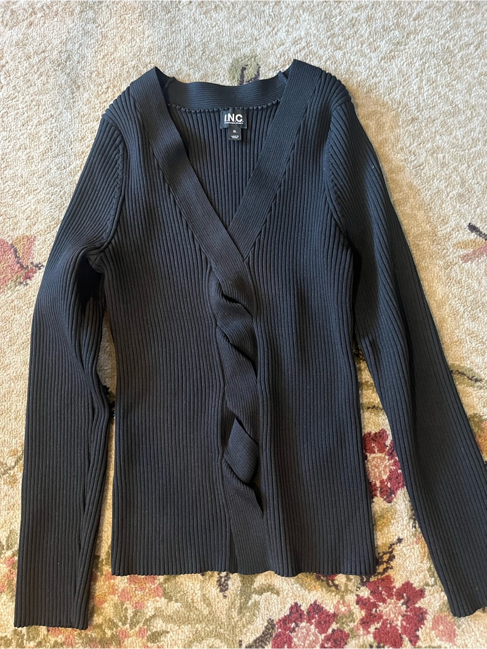 INC International Concepts Black Ribbed V-Neck Twist-Front Top